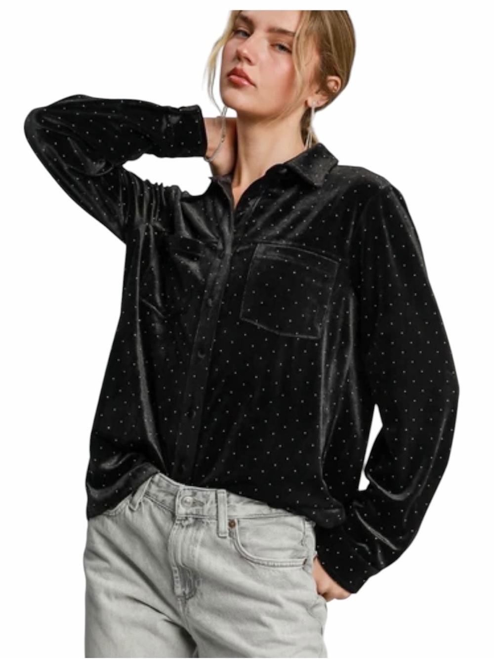 NEW Umgee Black Velvet Beaded Allover Silver Rhinestone Collared Button Up Shirt